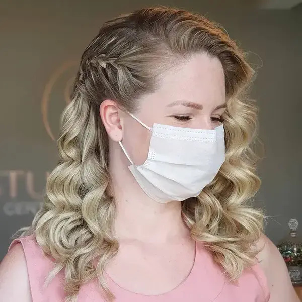 Ombre Braided Side and Curls - a woman wearing a face mask