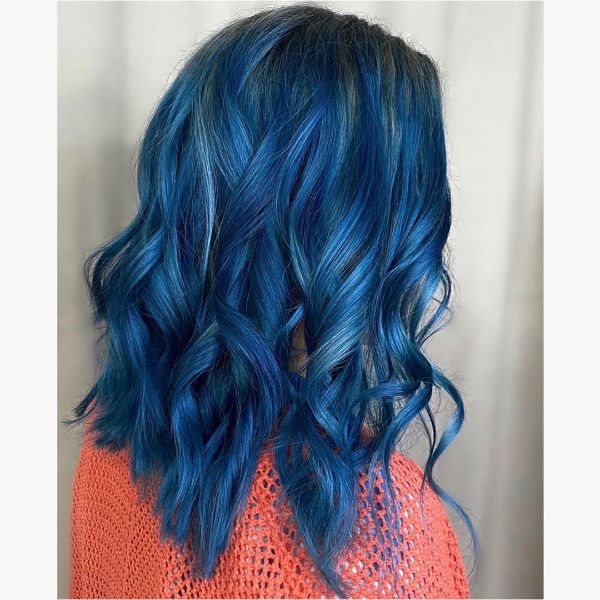 Blue Turqoise Balayage Wavy Lob Haircut