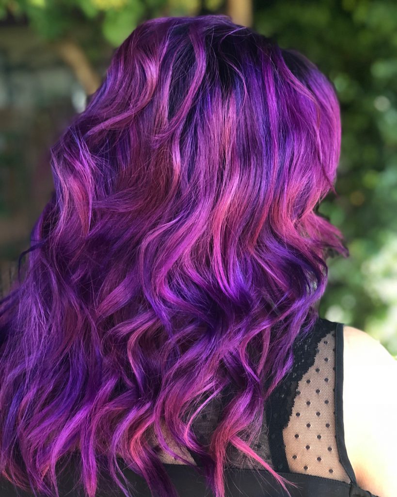 Purple-Orange Ombre for Layered Wavy Hair