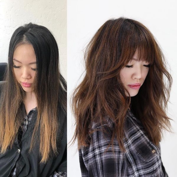 Teased Long Shag Haircuts for Women with Straight Blunt Bangs - a woman with a flanel