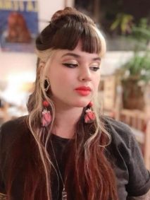 Half Bun for Long Layered Highligted Hairstyle with Straight Cut Bangs