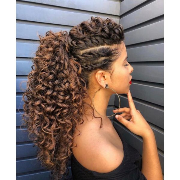Side Braids and High Ponytail for Curly Long Layered Hair