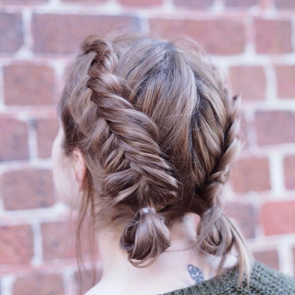 Side Fishtails in Messy Updo for Long Hair
