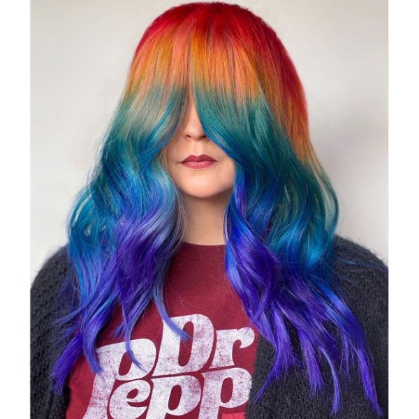 Wavy Rainbow Colored Long Layered Hairstyle with Face Framing Bangs