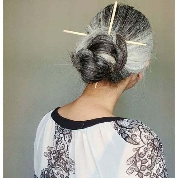 Chopsticks Bun Hairstyle for Women Over 60