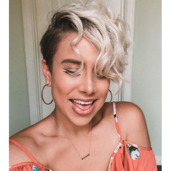 Curly Messy Blonde Pixie With Dark Roots