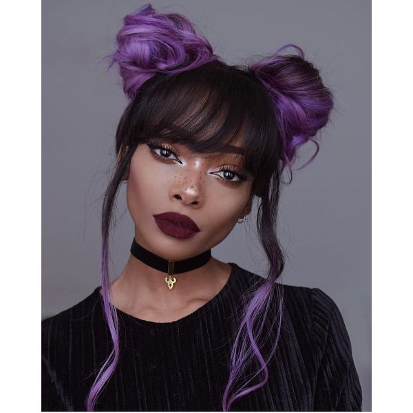 Purple Spacebuns Hairstyle With Bangs