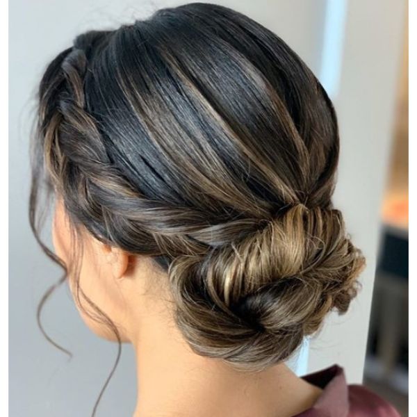 Classic Low Braided Updo for Brown Hair with Blonde Highlights