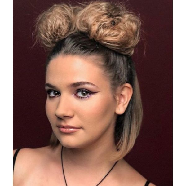 Japanese Style Space Buns For Brown Hair with Blonde Highlights