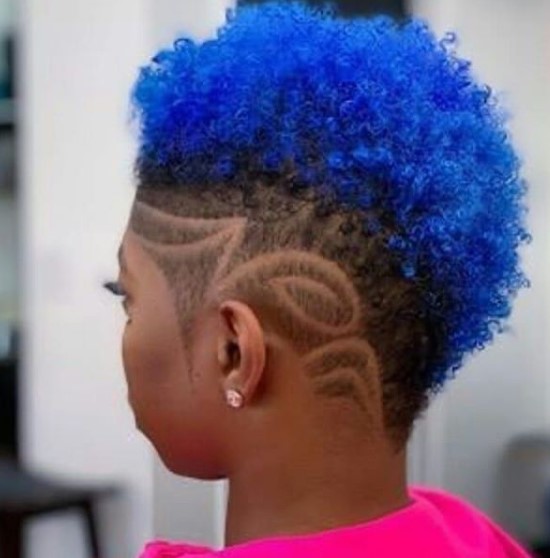 Curly Blue Mohawk with Shaved Design