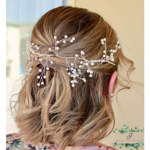 Half Up Half Down Hairstyle with Delicate Pearl Accessory