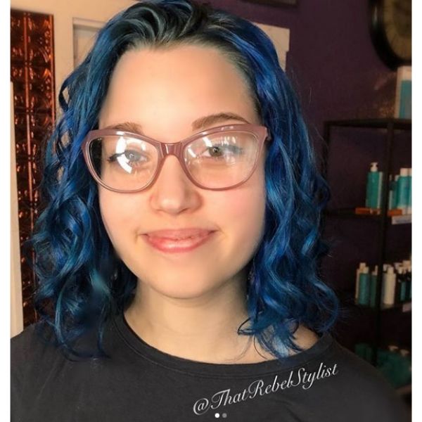  Medium Length Blue Curly Bob Hairstyle
