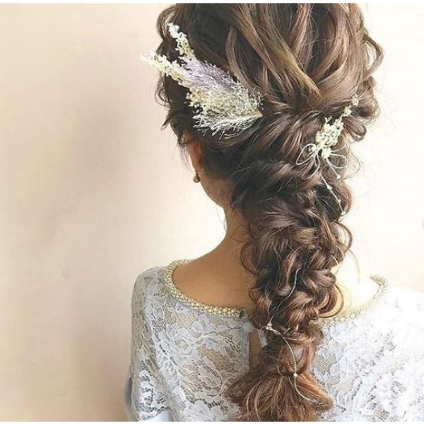  Mermaid Braid wiht Feathered Accessory Bridal Hairstyles