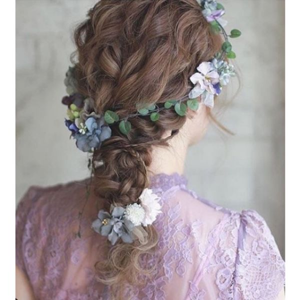 Messy Braid with Flower Crown bridal hairstyles