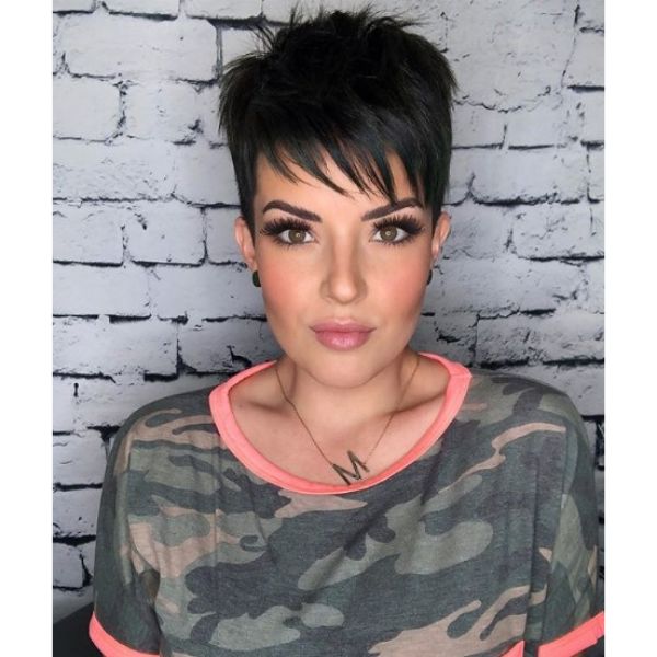 Short Dark Pixie Cut with Spiky Bangs Hairstyle