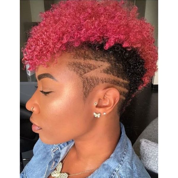 High Fade with Pink Faux Hawk  Short Curly Hairstyle