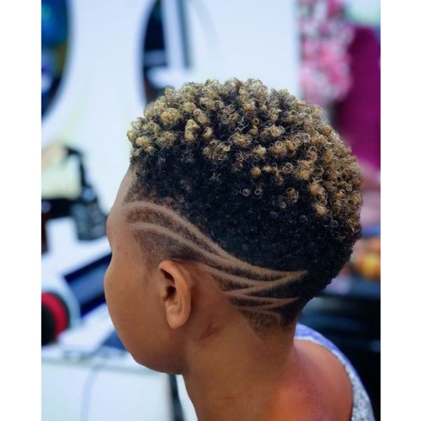 High Fade with Side Razor Design And Blonde Tips  Short Curly Hairstyle