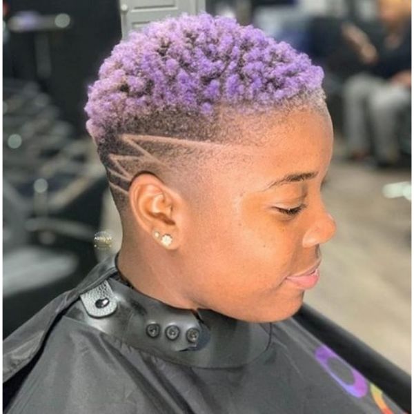 High Fade with Zig-zag Model and Curly Lila TWA  Short Curly Hairstyles For Black Women