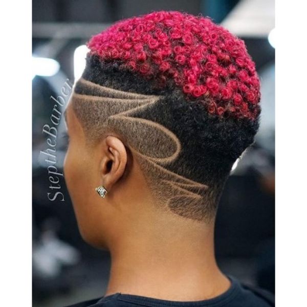  Skin Fade with Razor Design and Pink Top  Short Curly Hairstyle