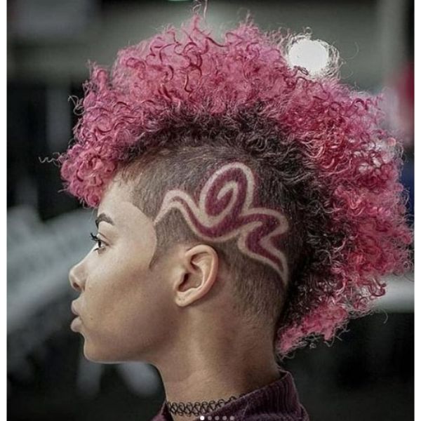 Skin Fade with Side Razor Design and Lavender Pink Faux Hawk