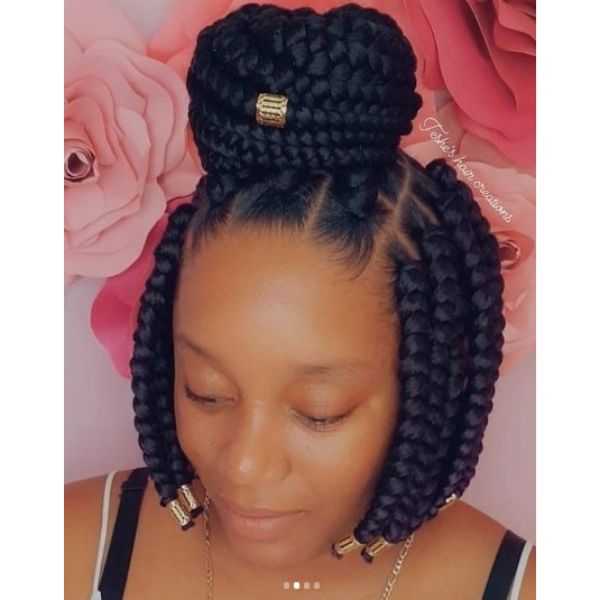 Thick Box Braids with Top Bun Hairstyle