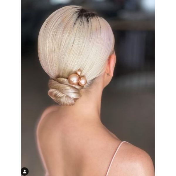  Blonde Sleek Twisted Bun With Bronze Pearl Pins Wedding Hairstyle