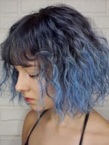 Blue Color Melt For Medium Haircut With Straight Bangs