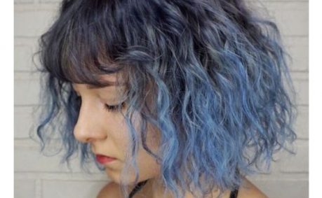 Blue Color Melt For Medium Haircut With Straight Bangs