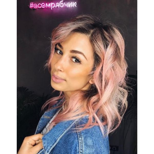 Breezy Pink Curls For Medium Haircuts With Dark Roots