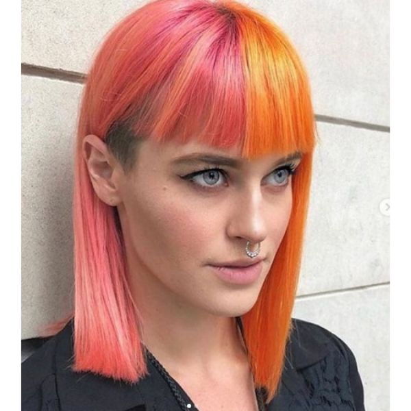 Pink Orange Straight Haircut For Oval Face With Dark Sideburns