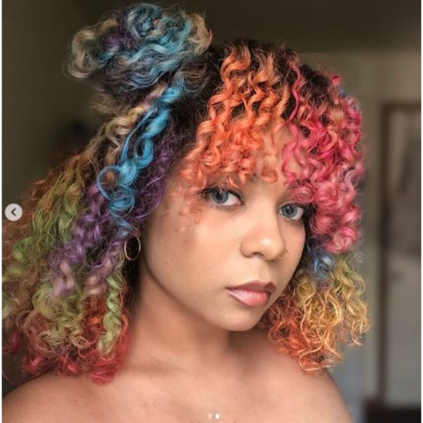  Short Rainbow Curly Hair With Space Buns