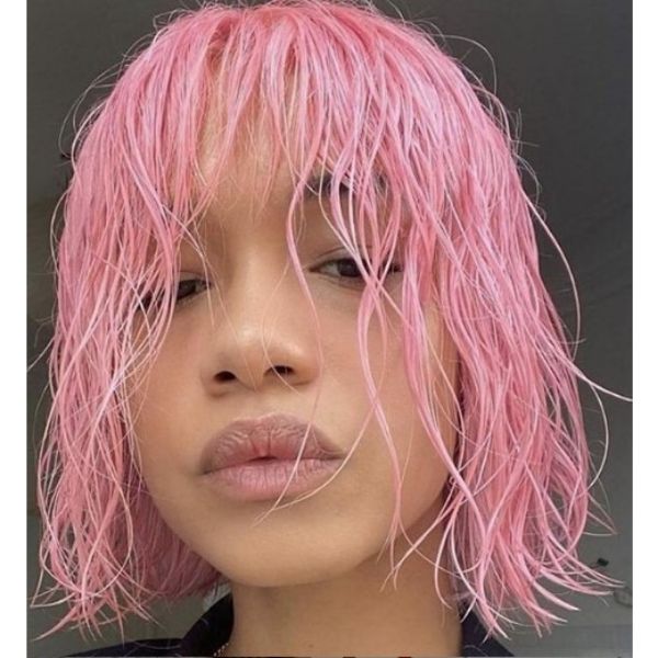  Sleek Wet Look With Pink Bangs Hairstyle