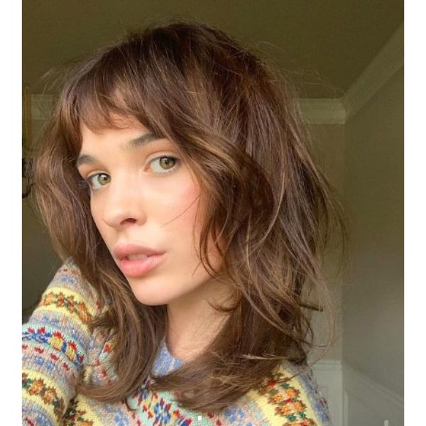  Sunkissed Brunette Medium Haircut With Short Bangs For Wavy Hair