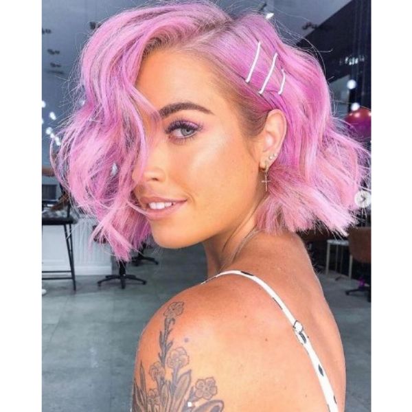  Wavy Haircut For Bright Pink Hair With Silver Accessories