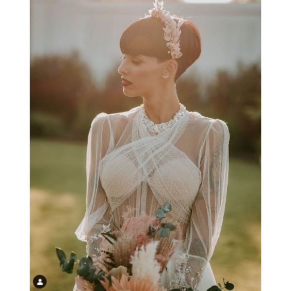 Short Dark Pixie With Floral Headband Wedding Hairstyle