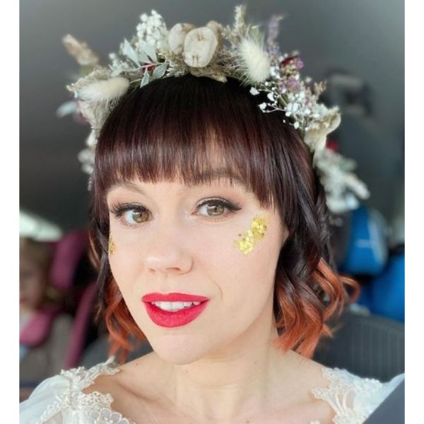  Short Red Wedding Hairstyle With Flower Crown