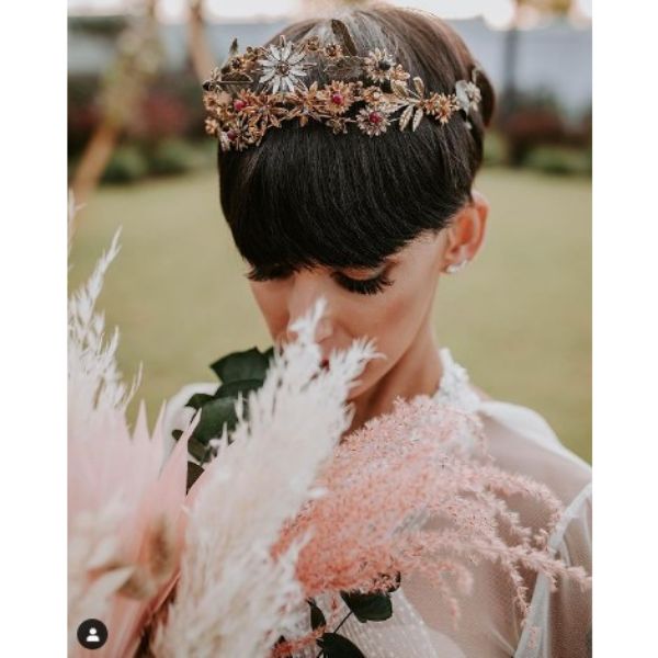 a woman with Straight Short Pixie wedding hairstyles for short hair With floral Headband
