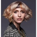 Blonde Curly Bob With Brown Honey Rounded Bangs