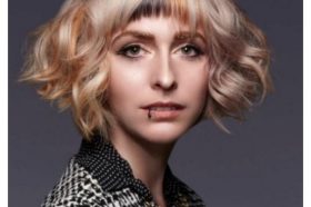 Blonde Curly Bob With Brown Honey Rounded Bangs