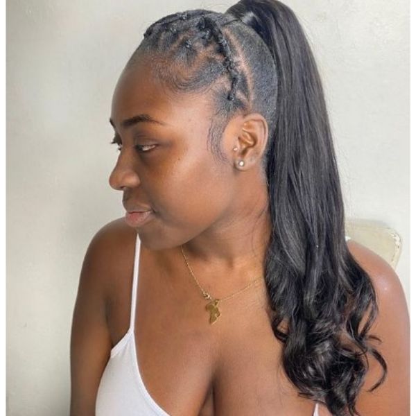 High Ponytail With Braided Top With Wavy Curls