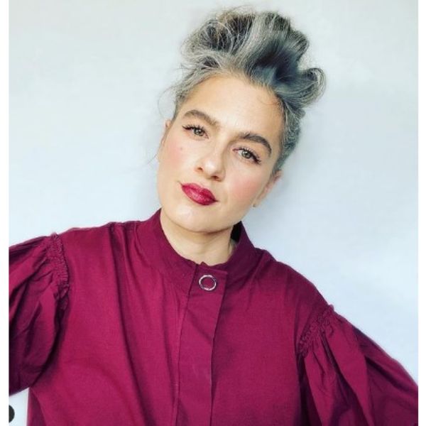  Messy High Updo With SIlver Gray Strands