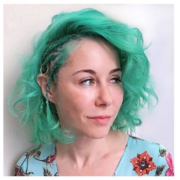  Mint Green Curly Bob With Side Braids And Hair Rings