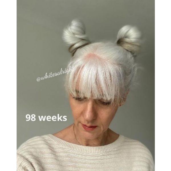  Platinum White Space Buns With Straight Bangs