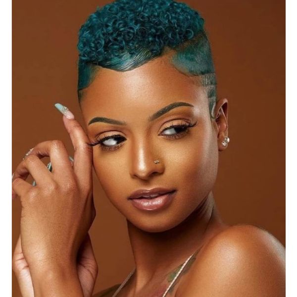 Peacock Blue Curly Pixie Hairstyle cute hairstyles for short hair