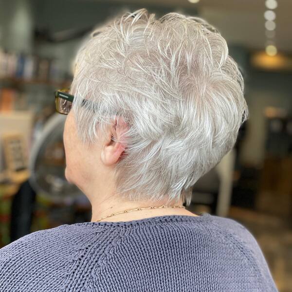 Textured Light Ash Grey Thin Pixie Hair - A woman in her sweater