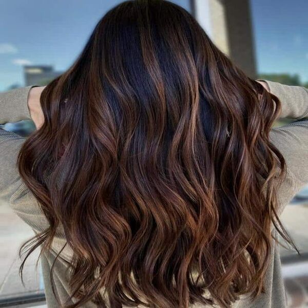 Delicious Brown Hair Caramel Balayage Highlights - A woman in grey sweater