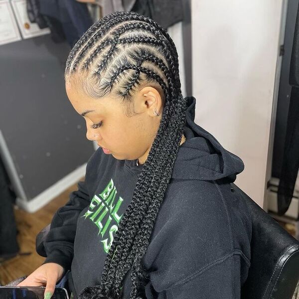 12 Cornrows Tribal Braids - A woman wearing a color black hooded jacket