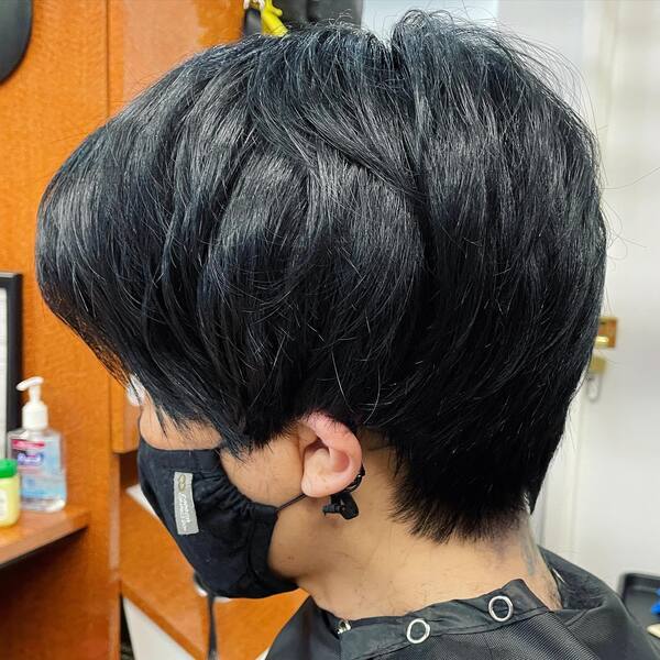 Black Thick Pixie Cut Hairstyle - A woman wearing a black mask