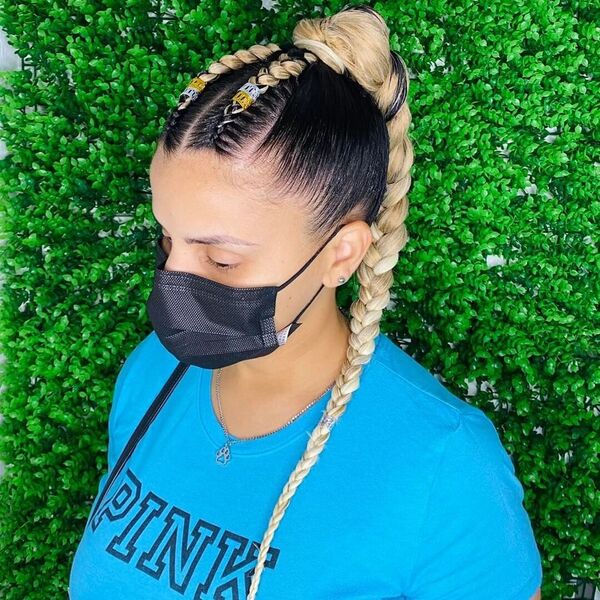 Blonde Long Hair Ponytail Braids - A woman with a black face mask wearing a blue shirt