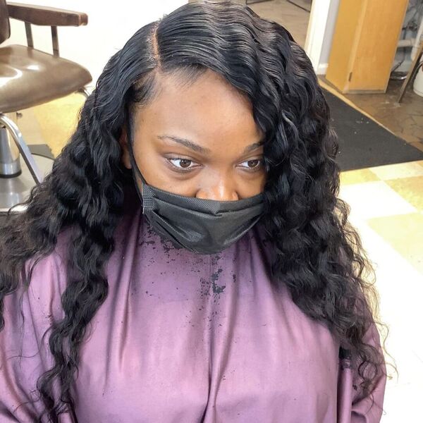Closure Sew In with Crimps Weave Hairstyle - A woman with black face mask wearing a purple cape